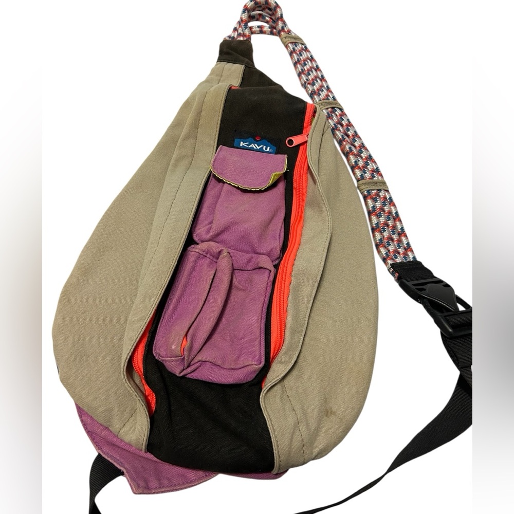Kavu Multicolor Sling Travel Bag - Tan, Purple, Black with Orange Zipper